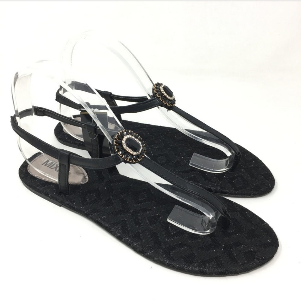 New Black Rhinestone T-strap summer sandals
